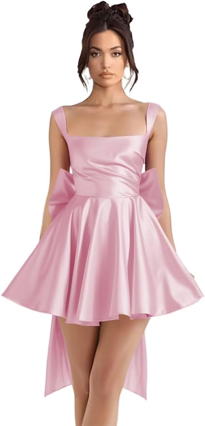Wchecalino Square Neck Satin Homecoming Dresses with Bow HOCO Dress 2025 Short Cocktail Party Mini Gowns