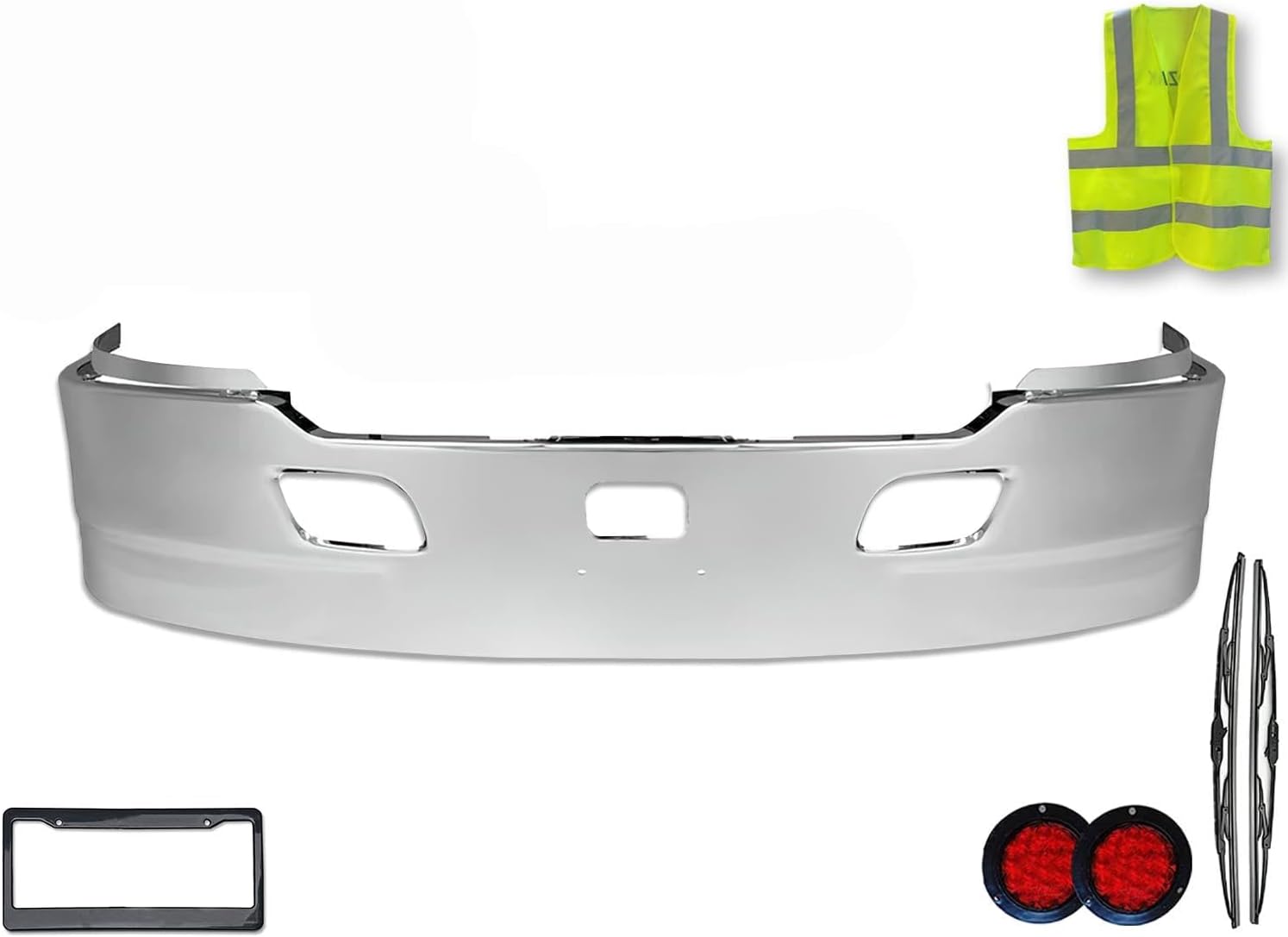 KOZAK 17" Aero Style Chrome Bumper WITH RADAR CUTOUT Compatible with Kenworth T680 2013-2021 Semi Trucks PLUS Logo, Wipers, License Plate Frame, 2x Trailer Tail Lights and Vest