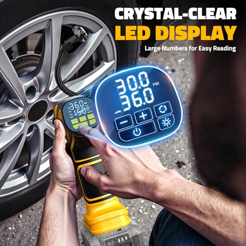 Image of DIYtoolifz 150PSI Tire Inflator Portable Air Compressor: Cordless Air Pump Compatible with Dewalt 20V Battery - Car Tire Pump with Digital Pressure Gauge & LED Light for Auto, Motorcycles (Tool Only)