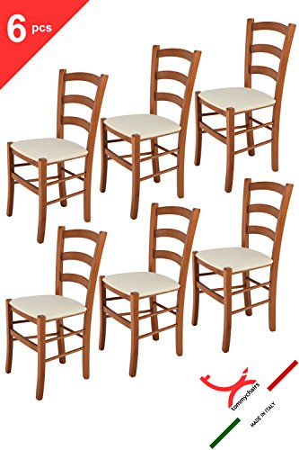 Tommychairs sillas de Design - Set 6 sillas Modelo Venice para Cocina, Comedor, Bar y Restaurante, con Estructura en Madera Color Cerezo y Asiento tapizado en Tejido Color Marfil