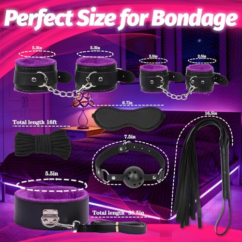 Image of BDSM Bondage Kit Sex Toys 8 Pcs Sex Bondage Set for Beginners Ball Gag Bondage Rope BDSM Kit for Couples (Purple, 8PCS)