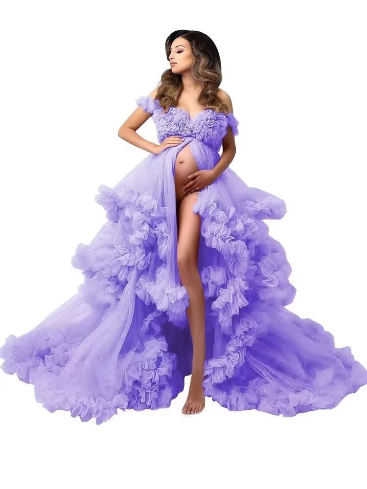 ChanguanPuffy Tulle Maternity Dress for Photoshoot Ruffle Pregnancy Robe Bridal Lingerie Bathgown Baby Shower Photography