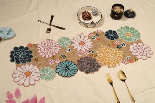 Image of Beautiful Beaded Table Runner Craftsmanship Measure 13 X 36 Inches, Thanksgiving, Occasional Decoration Beige - Blue Colour