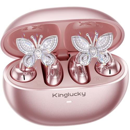 Kinglucky ClipFree Open-Ear Headphones with Butterfly Earrings, Ultra-Comfort & Snug Fit Clip On Earbuds, 50H Playtime Bluetooth 5.4 Wireless Headphones for Women Gifts, Sports & Workouts (Rose Gold)