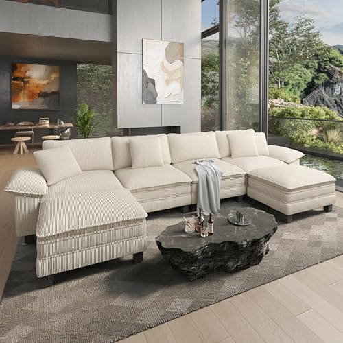 Image of HERA'S HOUSE 158 inch Oversized Modular Sectional U Shaped Sofa, Corduroy Beige | 6-Seater Living Room Couches, Wider Armrest and Deep Seat, Comfy Cloud Couch with Ottoman, Wood Sturdy Frame