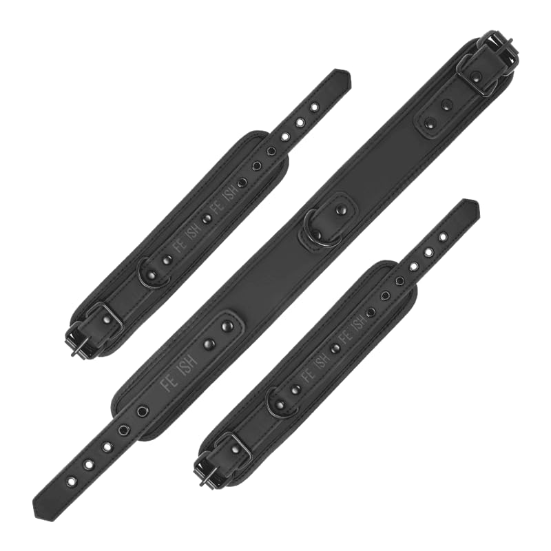 Halsfessel & Handschellen Set – Verstellbare BDSM Fesseln aus veganem Leder mit Neopren-Futter – Fixierung mit Immobilisierungsstange & Kette – Bondage für Paare & Rollenspiele