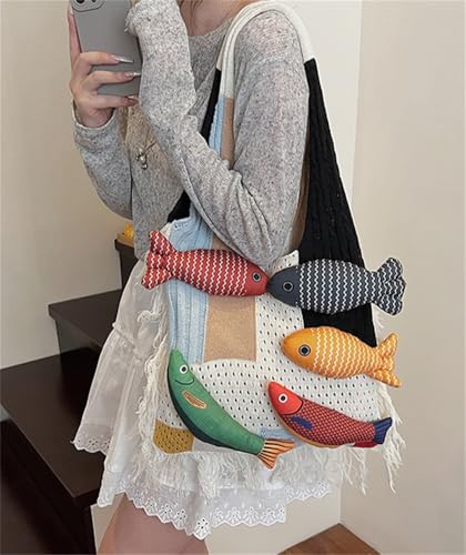Fish Decoration Tote Bag for Women Knitted Shoulder Bag for Women Underarm Purse Hobo Handbag Travel Tote Satchels 20253
