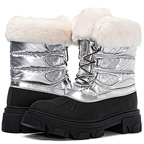 GLOBALWIN Snow Boots for Women Comfortable Winter Boots For Women Waterproof Fluffy Faux Fur Ankle Booties Silver Boots Water-Resistant Short Boots For Women Warm Fur Boots, Lace-Up Outdoor Shoes 8M - image 2