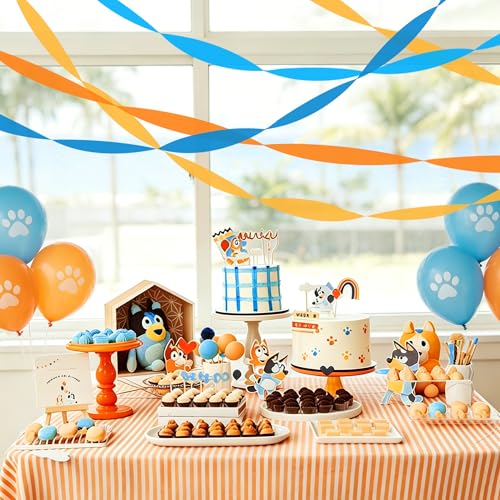 Image of 8 Rolls Crepe Paper Streamers, Blue and Orange Streamers Party Decorations for Blue Dog Paw Birthday Party Cartoon Bunting Puppy Dog Theme Celebration Decorations
