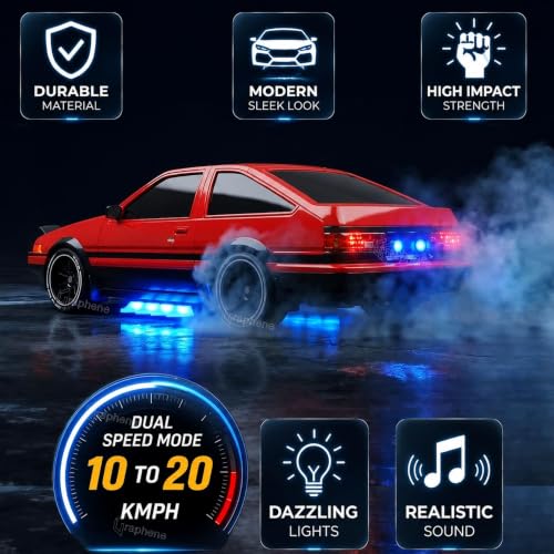 Image of GRAPHENE 4x4 Red RC Drift Car Remote Control Car Toy for Kids Dual Speed Mode Smoke Effect LED Pop up Lights 1:24 4WD Racing Drifting Tyres High Speed Model Stunt Toy Car for Boys 7-14 Years