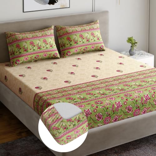 Image of Home Ecstasy 100% Cotton King Fitted Bedsheet with 2 Pillow Covers - (Size 72 x 78 inches, TC, Colour - Green)