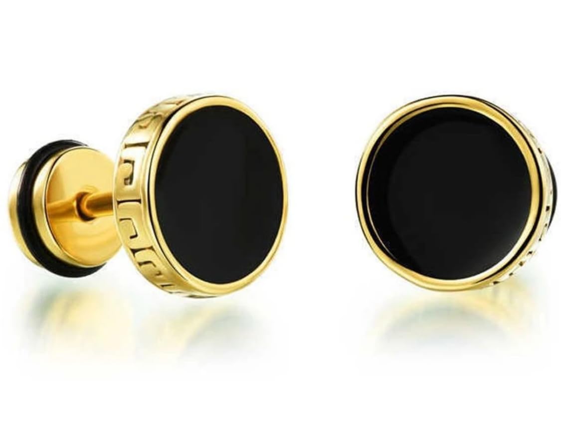 Trendy Earrings for Men and Boys Fashion Golden Studs for Men | Gold Toned Black Studs | Stainless Steel Stud Earrings | Birthday Gift for Boys & Men's,1 pair-image-23
