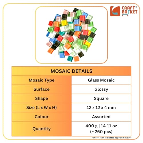 Image of Assorted Colours Glass Mosaic Tiles (20 Variations) (All Packs: 100 g,200 g,400 g,1 kg), DIY Mosaic Art, Decoration, Crystal Glass Mosaic Tiles (Glossy Square 12 x 12 mm), 400 G