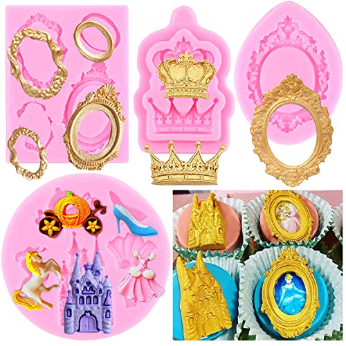RFGHAC Juego de 4 moldes de silicona para fondant de Cenicienta, marco de fotos barroco, corona de castillo, vestido de princesa, zapatos de cristal, moldes para decoración de tartas, decoración de