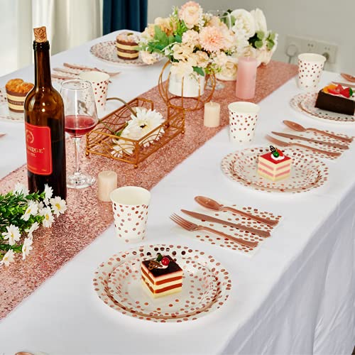 White And Rose Gold Party Supplies - 175 Disposable Dinnerware Set Rose Gold Dot On White Paper Plates And Napkins Cups Silverware Serves 25 Sets For Wedding Bridal Shower Engagement Birthday Parties #TOP2