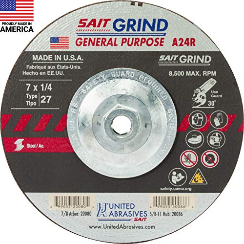 United Abrasives-SAIT 20086 A24R General Purpose/Long Life Grinding Wheel (Type 27/Depressed Center) 7