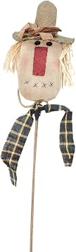 CWI Gifts 15" x 5" Scarecrow Doll Head on Pick In Burlap & Gingham with Raffia Hair