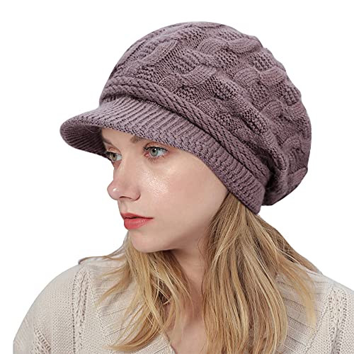 VIKEY Bommelhut für Damen, Wintermütze, Doppel-Futter, aus Fleece, Kunstpelz, warm, gestrickt, mit Pompons aus Kunstpelz, Hellviolett, One size Cover