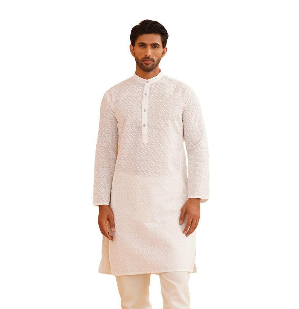 Sojanya (Since 1958 Men's Pure Cotton Chikankari Embroidered White Straight Long Kurta