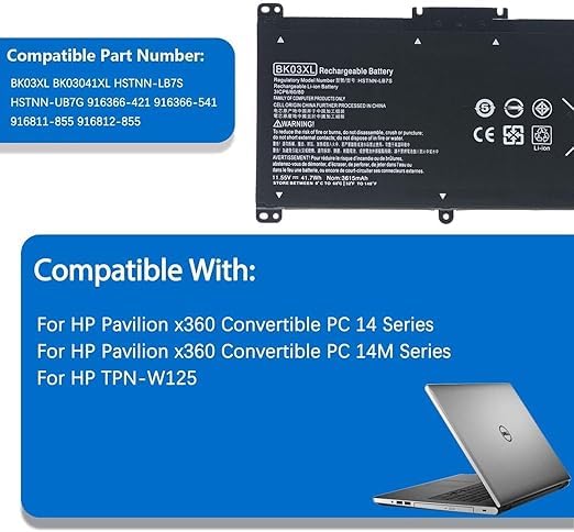 Image of BK03XL Laptop Battery Compatible for hp 916811-855 Pavilion X360 Convertible 14-ba0xx 14-ba2xx 14m-ba0xx 14m-ba1xx 14m-ba011dx 14m-ba013dx 14m-ba114dx 14-ba253cl 14-bal125cl