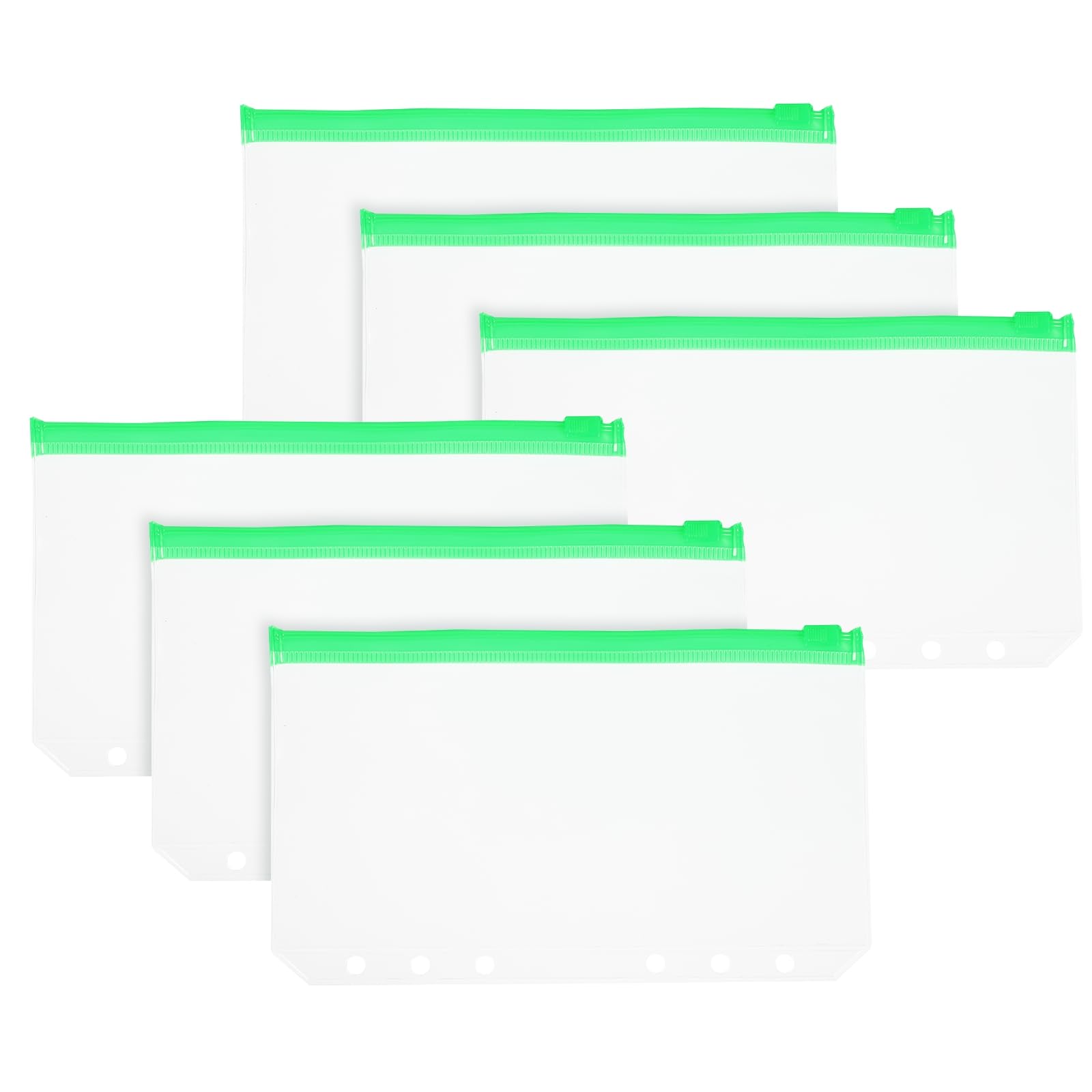 PATIKIL A6 Binder Pocket, 6 Pack 6 Holes Zipper Binder Pouch Budget Stuffing Envelopes Clear Storage Pocket Waterproof for Budget Planning Loose Leaf Bags, Green Zip/Clear Pouch