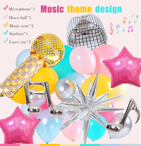Image of Music Fans Birthday Decoration,148 Pcs Balloon Arch Garland Kit with Microphone, Laser Star, Disco Mylar Balloon for music fans theme teenage girl Birthday Party Prom Decorations