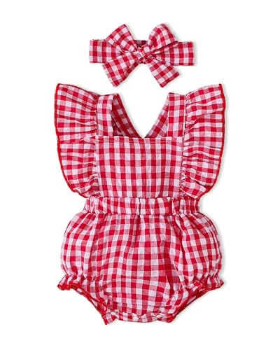 PaPaai Sara 0-3 Months Girl Clothes Baby Girl Outfit Newborn Girl Jumpsuit Summer Sleeveless Ruffle Red Plaid Romper Bodysuit Matching Cute Bow Headband 2PCS