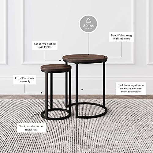 Nathan James Lula Nesting Round Side Set Of 2, Accent End Table For Living Room With Wood Or Marble Finish Tabletop And Metal Base, Nutmeg/Black #TOP3