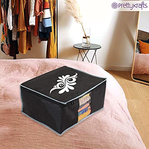 Image of PrettyKrafts Large Saree Cover With Creative Prints, Wardrobe Organiser, Clothes Cover & Storage, Zip Closure and Transparent Window | Clothes Storage Bag | Set of 6, Black | Size: 40 x 35 x 20 cm