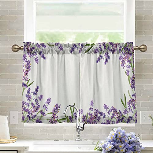 MFTJYO Purple Lavender Provence Flowers Kitchen Curtains 24 Inch Length Small Window Curtains Rod Pocket Blackout Cafe Curtains Short Light Filtering for Bathroom Tier Curtains Sets 2 Panels