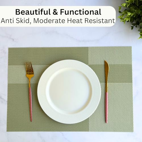 Image of Livmodern Premium PVC Dining Table Placemats | Woven PVC Table mats | Anti Skid Designer mats | Wipeable & Washable Set of 4-Olive Grid