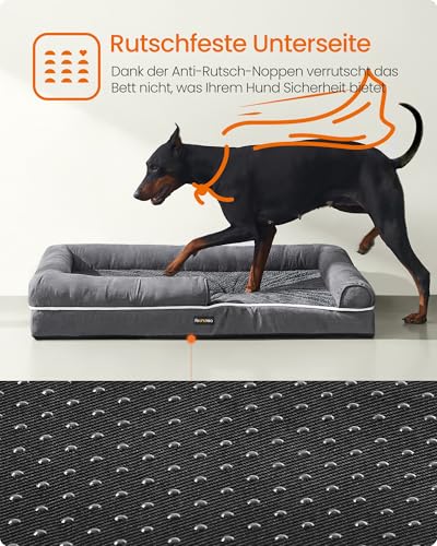 Feandrea Orthopädisches Hundebett, Hundekissen, Hundekorb, weiche Polsterung, Hundesofa, erhöhte Ränder, Bezug abnehmbar und waschbar, 120 x 85 x 18 cm, rutschfeste Unterseite, dunkelgrau PGW078G01V1