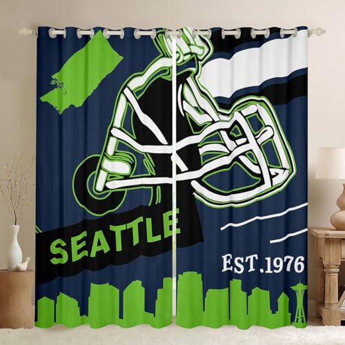 Erosebridal Football City Blackout Curtains, Rugby Helmet with City Map Curtains for Football Fans Gifts, Football City Silhouette Illustration Window Drapes 38''Wx54''L, Navy Green (Seattle)