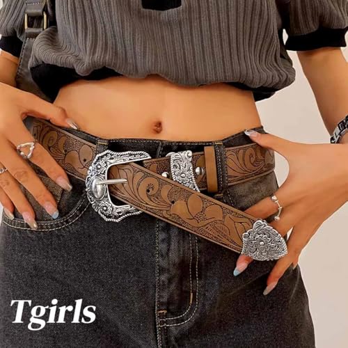 Tgirls Brown Western Belts Cowboys Cowgirls Belt for Jeans Vintage Country Leather Belt4
