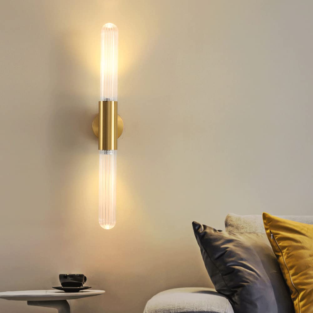 Lampada da parete a tubo lungo in ottone a 2 luci con paralume in vetro a strisce, applique da parete con illuminazione GU10 post moderna, lampade da parete con flauto sul comodino della camera da let