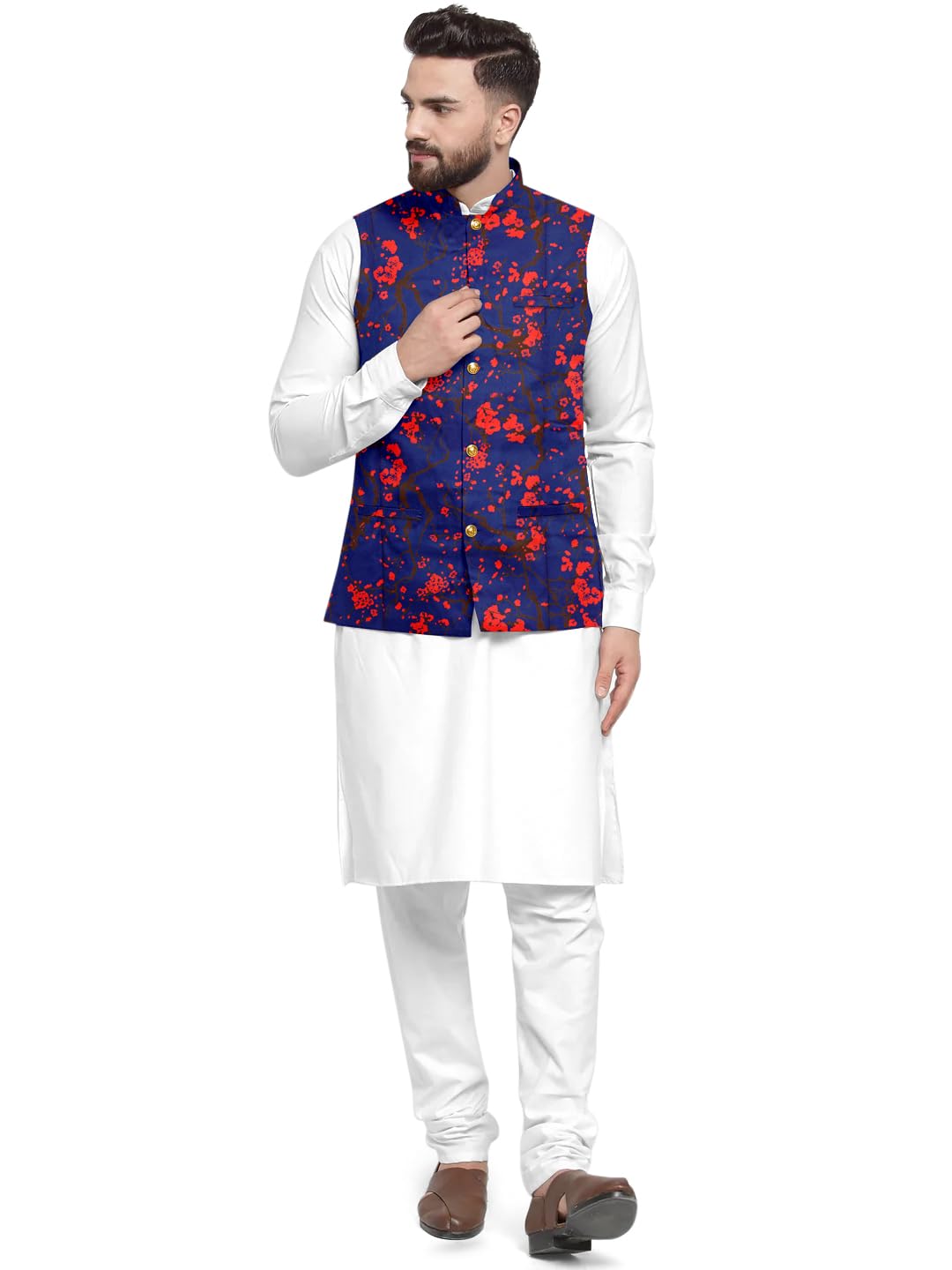 Men’s Ethnic 3-Piece Set: Solid White Kurta Pyjama with Navy Blue Floral Print Nehru Jacket (Koti) | Wedding Haldi Special-image-26