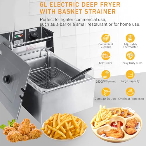 قلاية زيت كهربائية، سعة 6 لتر، قلاية كهربائية تجارية بقدرة 2500 وات مصنوعة من الفولاذ المقاوم للصدأ، مزودة بتحكم في درجة الحرارة، غطاء، سلة، قلاية دهنية احترافية للاستخدام التجاري، للمطاعم