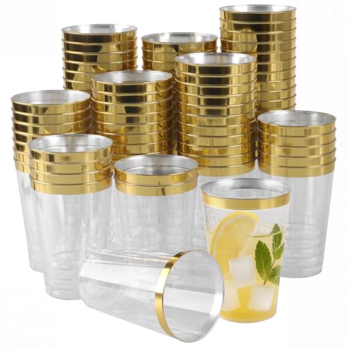 PINGEUI Lot de 80 gobelets en plastique transparent réutilisables à bords dorés pour cocktail, champagne, bière, champagne, martini, dessert - 360 ml