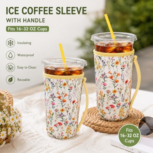 Image of KJQJLY 3 Reusable Iced Coffee Sleeves for Iced Coffee Cups or Drinks Reusable Neoprene Insulated Sleeves for Hot and Cold Drinks from Starbucks, Dunkin, And More (Wildflower)