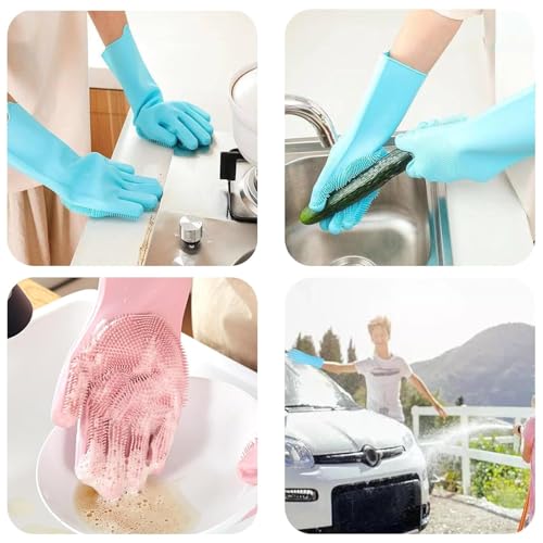 Image of DVVENTUM 4 Pcs Silicone Cleaning Gloves (2 Pairs) with Scrubber - Reusable Dishwashing & Kitchen Cleaning Gloves for Household, Bathroom & Car Wash