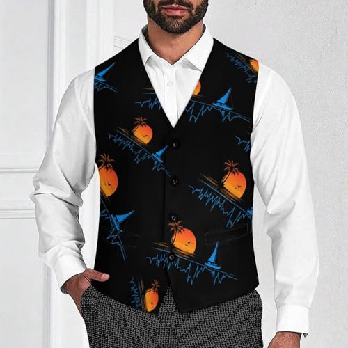 Heartbeat with Sailboat Tropical Palm Trees Mens Slim Fit Suit Vest Dress Waistcoat Casual Business Vest2