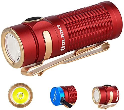 OLIGHTBaton 3 Small Flashlight Rechargeable, Compact Torch Light Strong Magnet, Powerful Pocket Flashlight with Lanyard, Pocket-clip,mini Light for Emergency, Outdoor, Home,Walking(Red)
