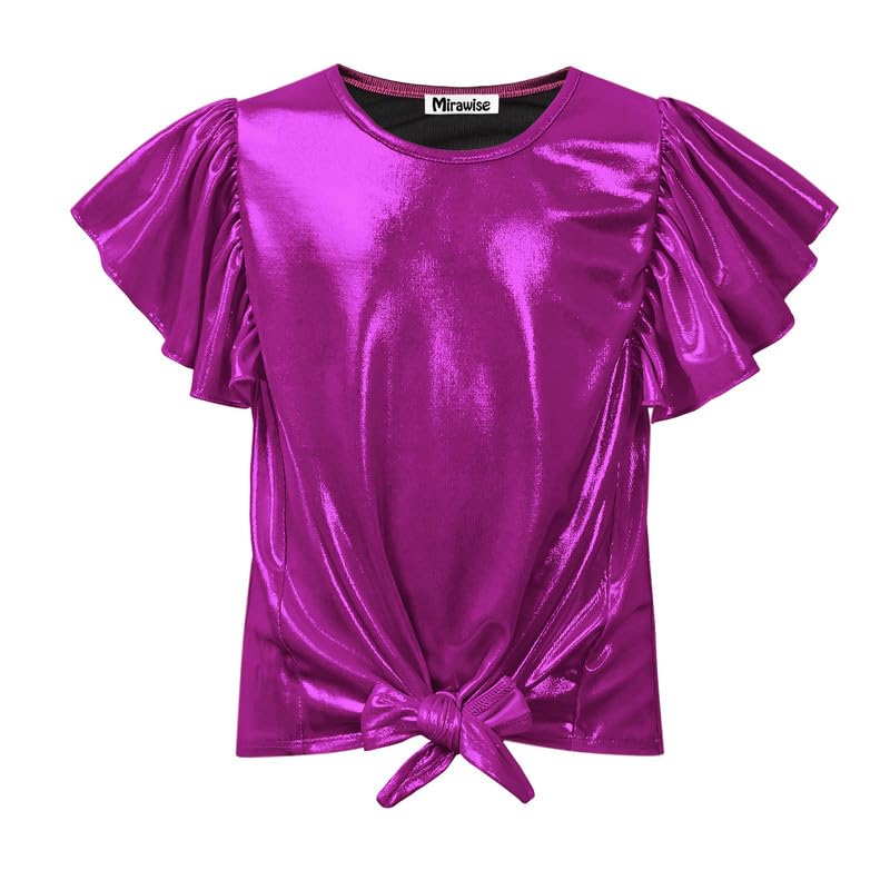 Image of Mirawise Girls Shirts Metallic Tops Clothes Tshirt Ruffle Short Sleeve Tee Size 6-14