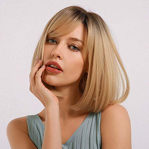 Short Blonde Wig for Women Natural Synthetic Hair, Ombre Bob Wigs with Neat Fringe, Dark Roots - Image 3