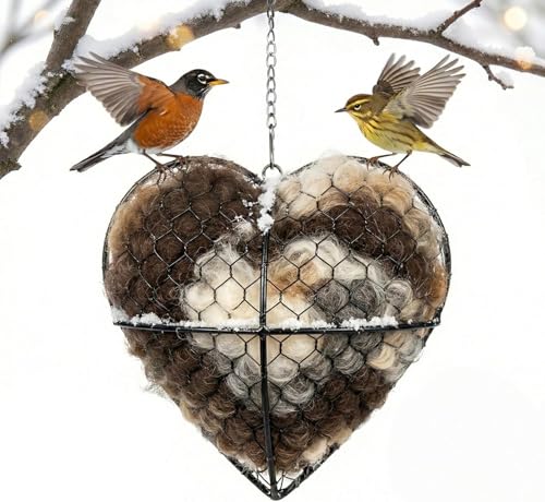 Zupfherz Alpaka Wolle für Vögel 2026 Neu Alpakawolle-Spender für Vögels Handmade Zupfherzen für Vögel Nachfüllbare Nestbauhilfe Nistmaterial für Wildvögel für Garten Balkon (1 Stück)