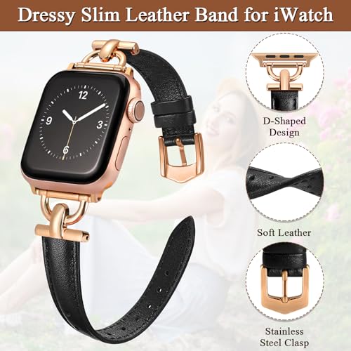 Image of Leather Band Compatible with Apple Watch Bands for Women, Dressy Fancy Strap for iWatch Series 11 /10 /9 /8 /7 /6 /5 /4 /3 /2 /1 /se(38mm 40mm 41mm 42mm,Dark Black /Rose Gold)