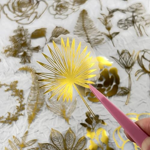 Image of 50PCS Boughs and Flowers Stickers Aesthetic PET Stickers Gold Stamp Decal Waterproof Decorative Decals for Scrapbook DIY Crafts Album Bullet Journal Planner Water Bottles Laptop Phone (Gold Stamp-C)