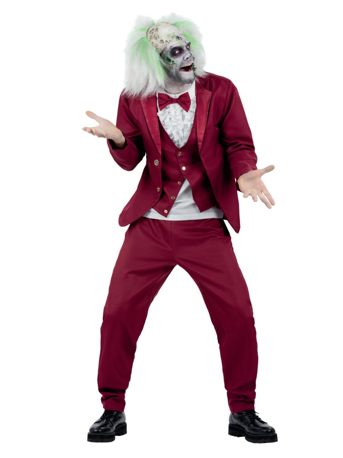 Smiffys Beetlejuice Groom Adult Costume Red Jacket with Mock Shirt and Waistcoat Bow Tie and Trousers Officially Licensed Warner Brothers Halloween Ideal for Matching Family Costumes
