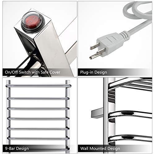 Homeleader Towel Warmer And Heated Towel Rack, 304 Stainless Steel Towel Drying Rack Wall-Mounted, Built-In Thermostat, 9 Bars #TOP3