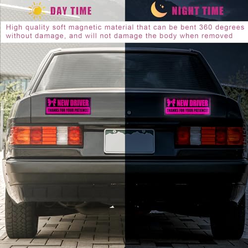 Image of PEUTIER 2pcs New Driver Magnet for Car, Magnetic Reflective Bumper Stickers Thanks for Your Patience New Driver Signs Safety Warning Funny Novice Driver Vehicle Car Decal Accessories (Black Pink)